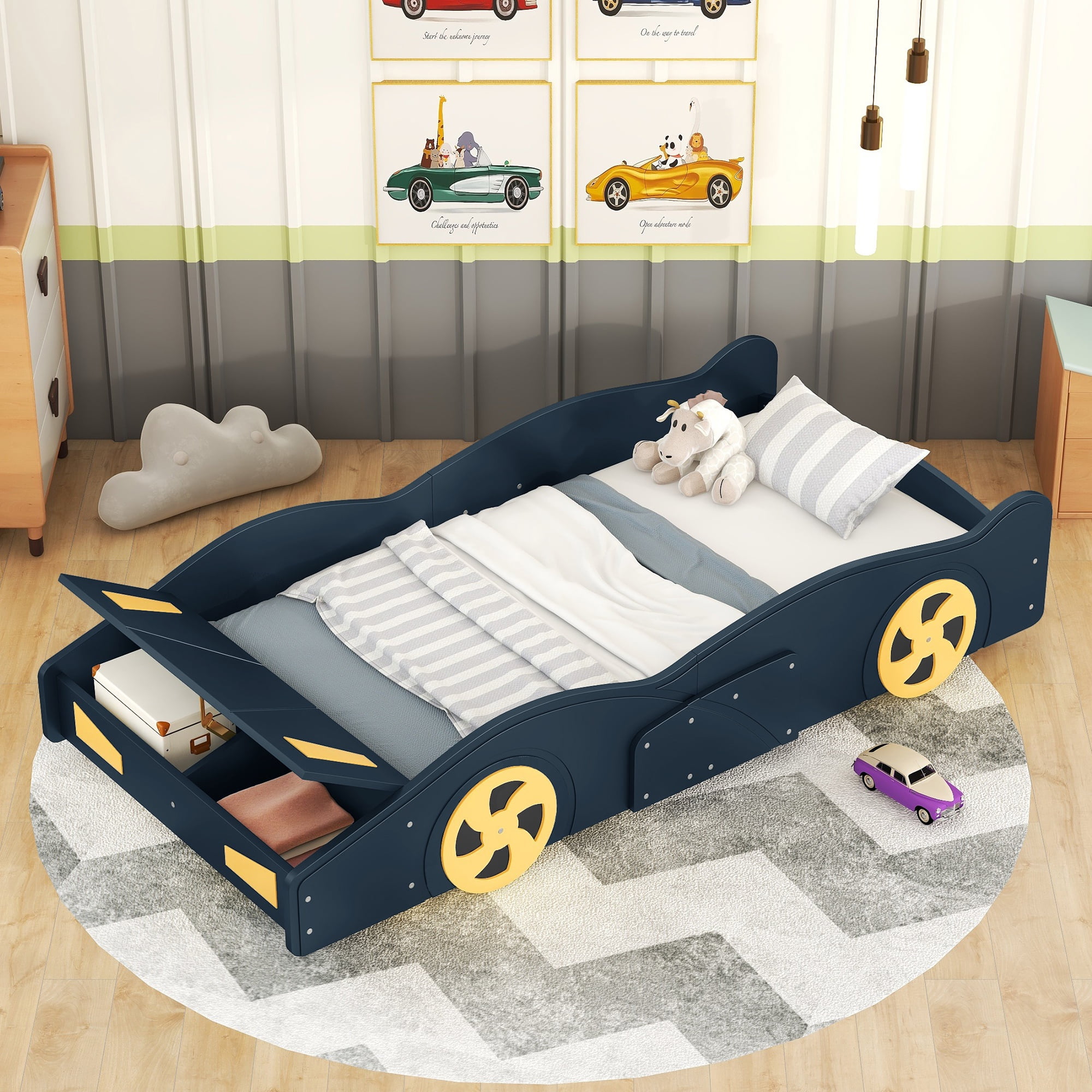 PORKISS Race Car Twin Bed, Twin Size Floor Bed with Storage, Toddler Bed with Slat, No Box Spring Needed, Montessori Bed, Twin Bed for Kids, Boys, Dark Blue