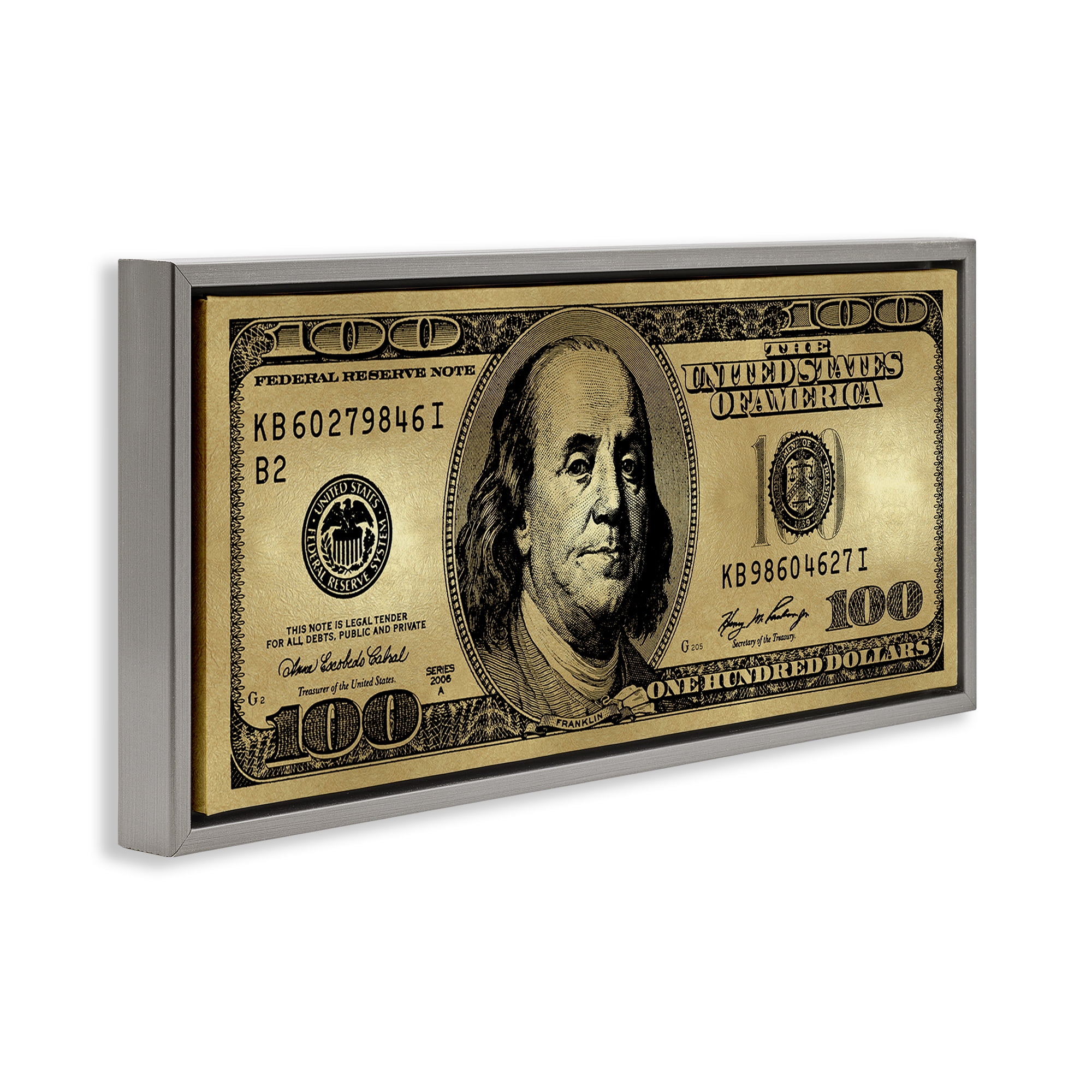 Stupell Industries Hundred Dollar Bill Novelty & Humor Painting Gray Floater Framed Canvas Art Print Wall Art, 25 x 11