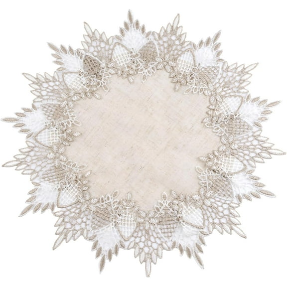 Linen Round Doily,16 * 16in Beige Table Cover with Lace Trim, Coffee Table Topper Table Decor Tablecloth for Dining Room Kitchen（40 * 40cm