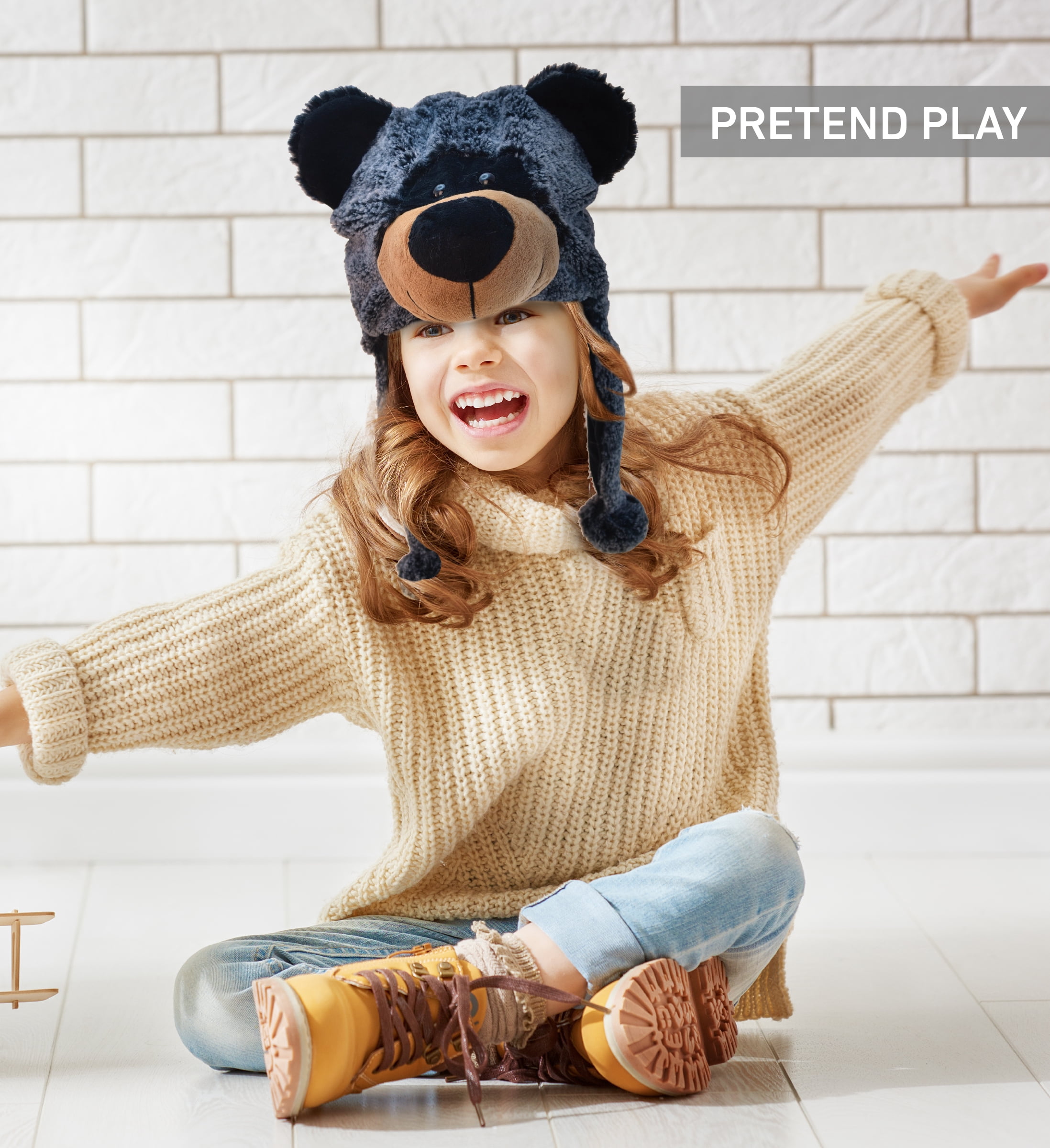 DolliBu Super Soft Black Bear Plush Hat - Fluffy Stuffed Animal Bear Halloween or Cosplay Costume Toy Hat with Ear Flaps For Kids and Teens - One Size