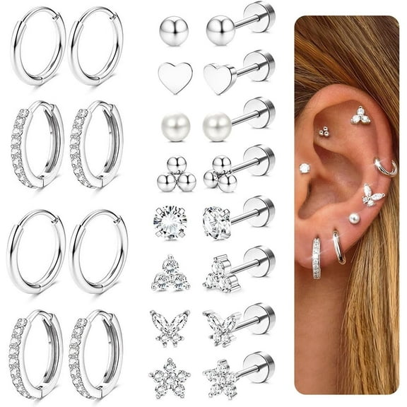 LAURITAMI Hypoallergenic Silver Stud Hoop Earrings for Women Men Surgical Stainless Steel Flat Back Earrings Small Silver Cartilage Earring Set for Multiple Piercing Jewelry Gifts for Women