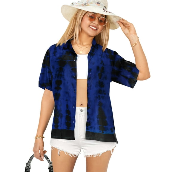 HAPPY BAY Women's Casual Beach Hawaiian Short Sleeve Blouse Shirt Dressy Blouses Button Down Dress Tops Tee Shirts T Shirts for Women M Faded Tie Dye, Blue