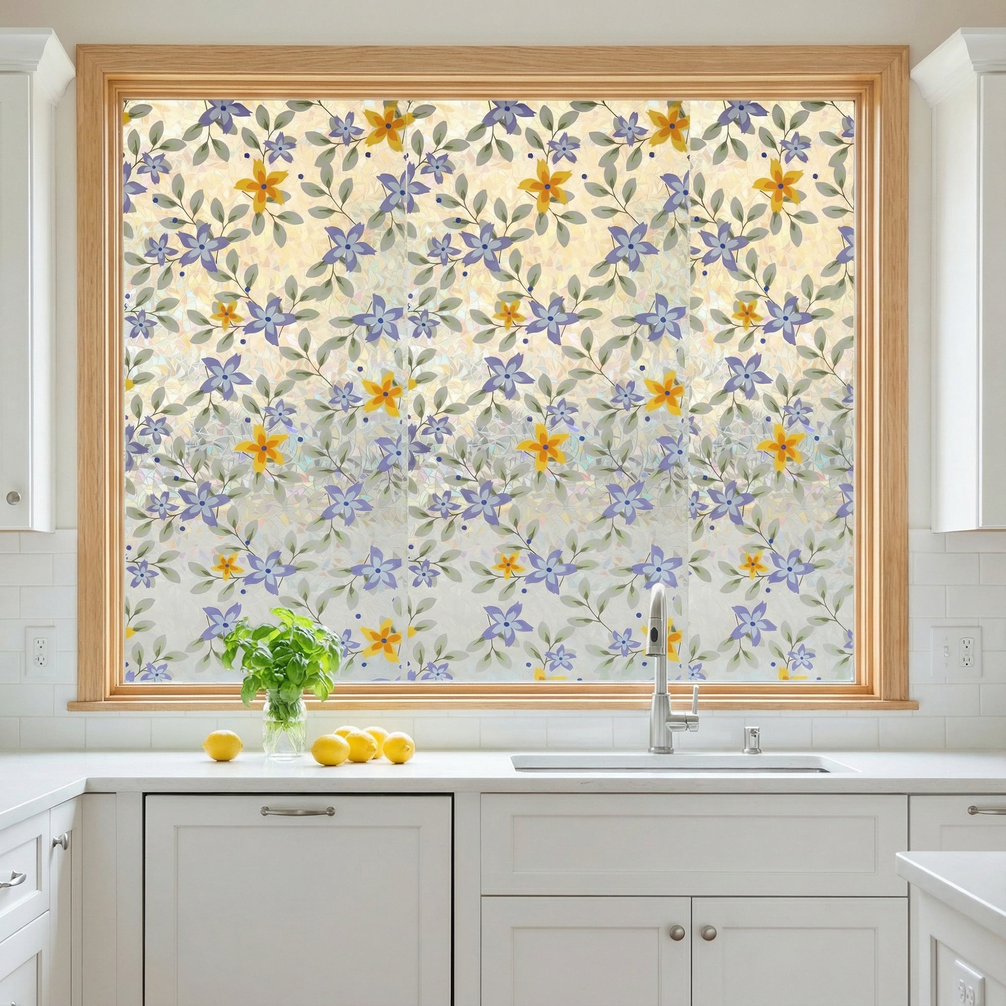Unique Bargains No Glue Static Cling Flowers Window Film Blue Green 39.4" x 17.7"