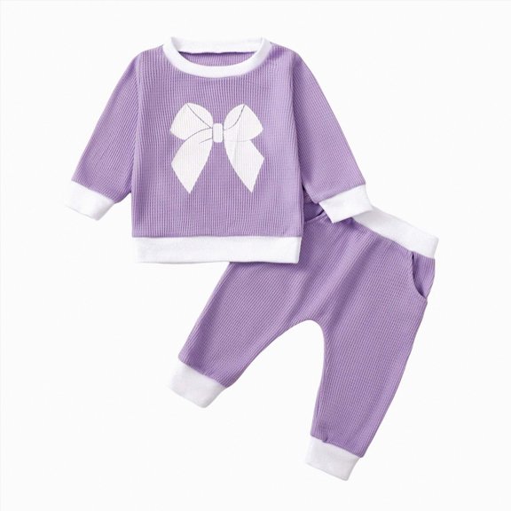 Xyant Fall Winter Baby Girl Clothes 3 6 12 18 24 Months 2T 3T Long Sleeve Bow Floral Print Sweatshirt Pants Toddler Outfit (Light Purple,18-24 Months)