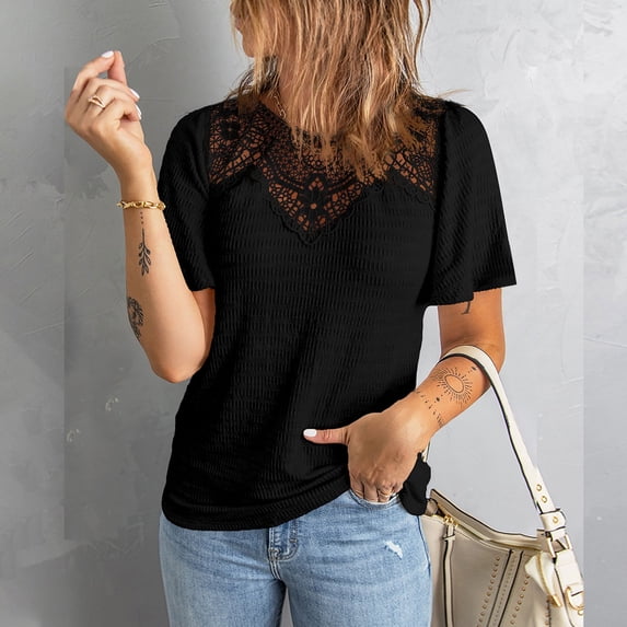 Honeeladyy Women Short Sleeve Tops Shirts Fashion Women's Summer O-Neck Lace Patchwork Short Sleeve Attractive Top Blouse