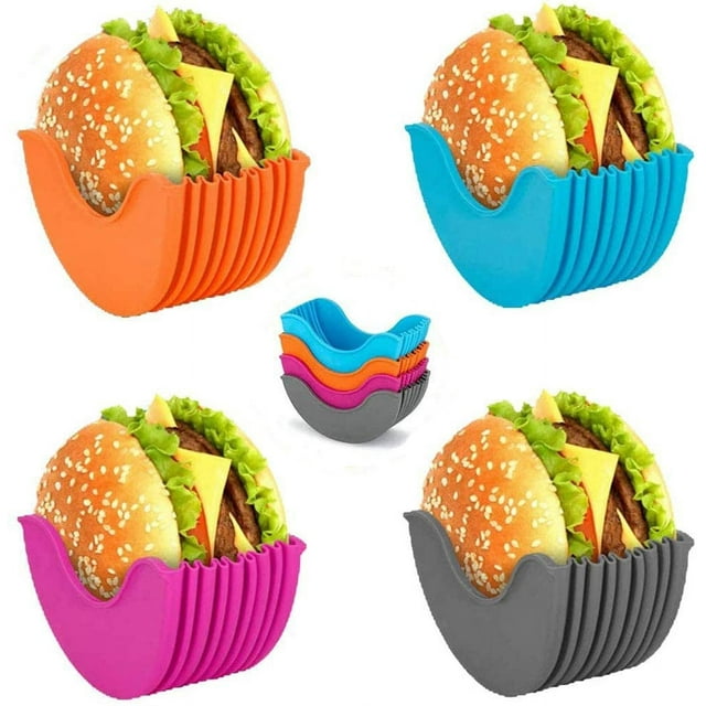 Burger Holder, Reusable Burger Fixed Box, Expandable Burger Holder Mess-Free Hamburger, Silicone Burger Storage Box, Washable Retractable Plastic Hamburger Clip, 4PCS