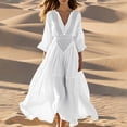 thumbnail image 2 of Vestido de Cuello en V de Manga Larga Casual Color Sólido Cintura Plisada para las Mujeres, de Moda Y Elegante para las Fechas Vacaciones Playa, 2 of 9