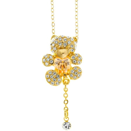 Champagne Gold Plated Necklace with Teddy Bear Design with a 16 Extendable Chain and High Quality Gold Tinted Crystals by Matashi