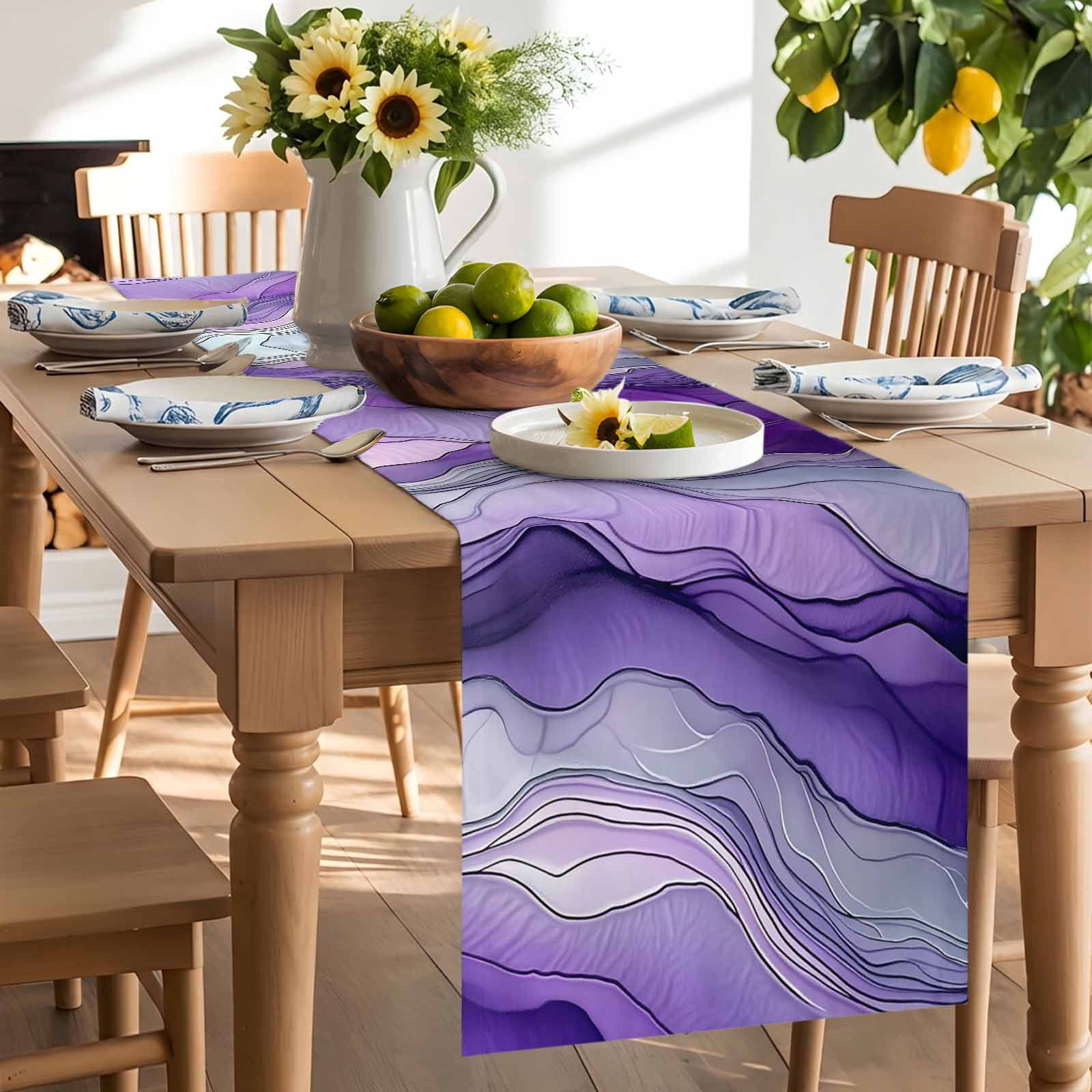 Abstract Art Purple Gray Wave Table Runner 90 Inches Long, Vintage Marble Texture Table Runners Tabletop Scarf Kitchen Dining Tables Decoration for Home Party Indoor Outdoor