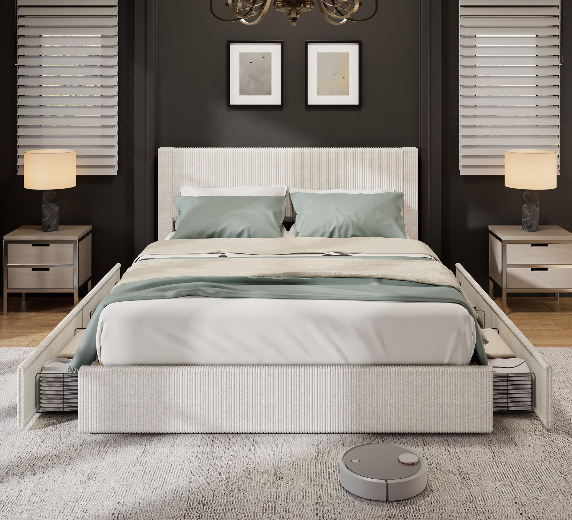 Huisuilinss Queen Size Bed,Full Size Upholstered Platform Bed Frame With Tufted Wingback Headboard,King Bed Frame With 4 Storage Drawers And Wooden Slats Support,No Box Spring Needed