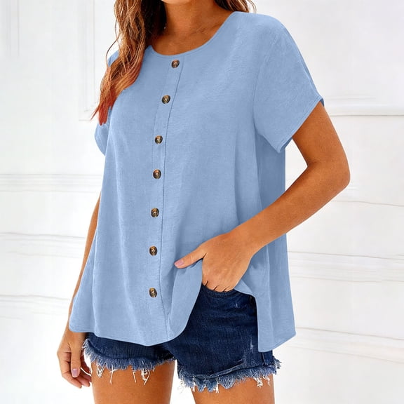 Yievot Linen Button Down Shirts for Women Summer Crew Neck Short Sleeve Womens Tops Casual Loose Tunic Blouses