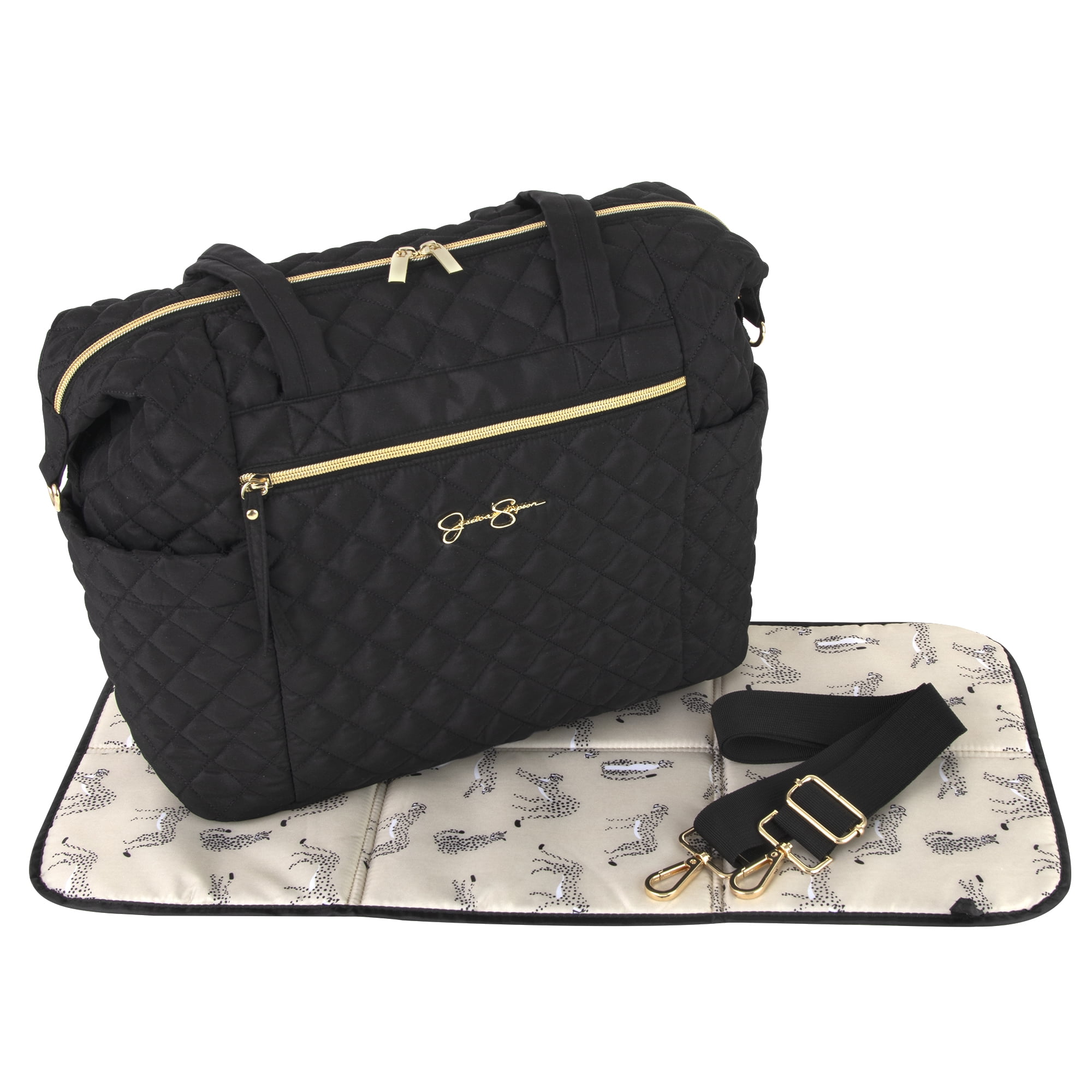 Jessica Simpson Multi Pocket Diaper Bag Tote Large Black Diamond Quilt with Cheetah Print Interior Walmart