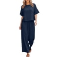 thumbnail image 5 of Chuancc Casual 2 Piece Outfit for Women - Linen Long Sleeve Shirt+Wide Leg Pants Sets Streetwear Dark blue L, 5 of 6