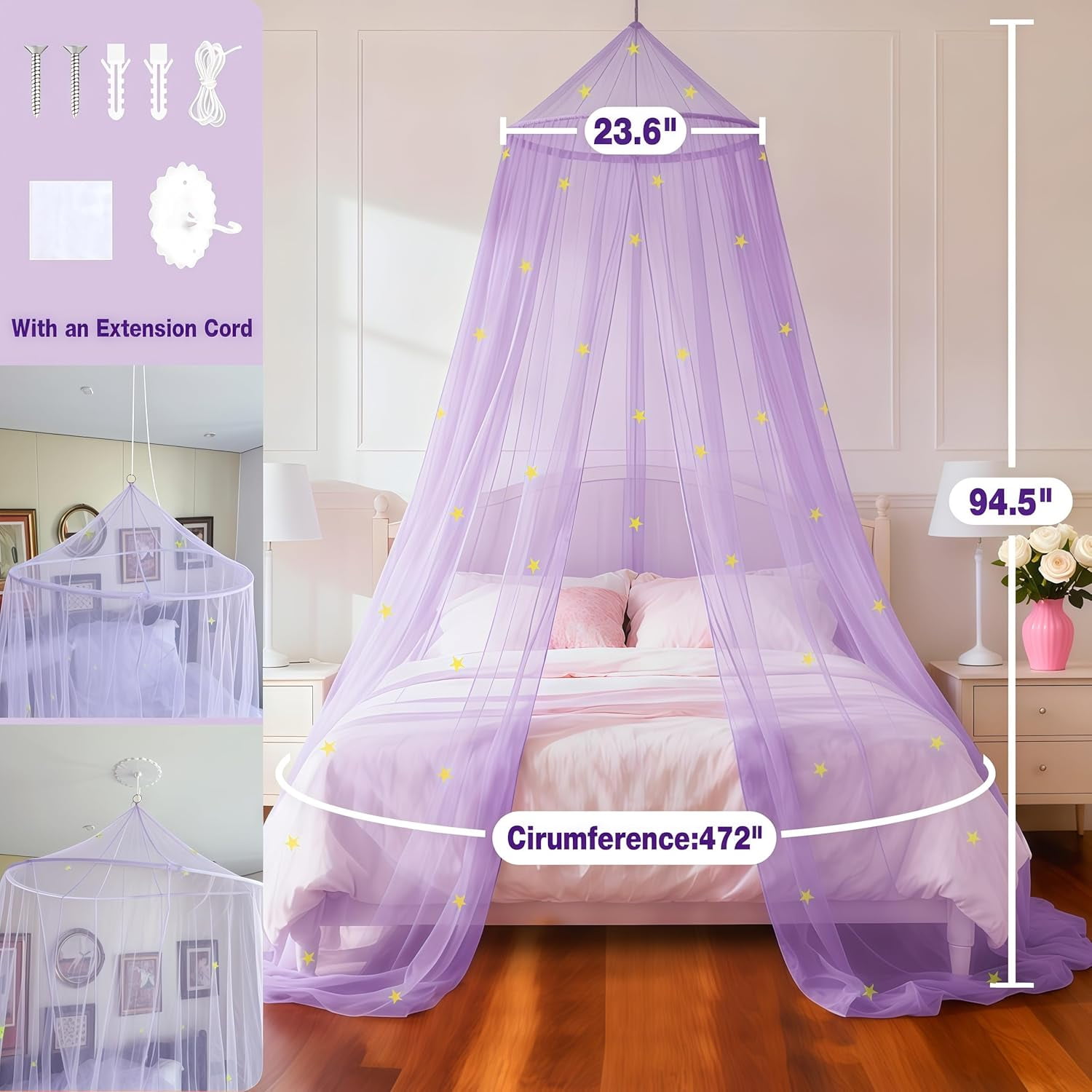 Bed Canopy for Girls with Glow-in-The-Dark Stars, Princess Canopy Curtains Fits Single, Twin, Full, Queen Size Bed, Bedroom Accessories, Ceiling Tent