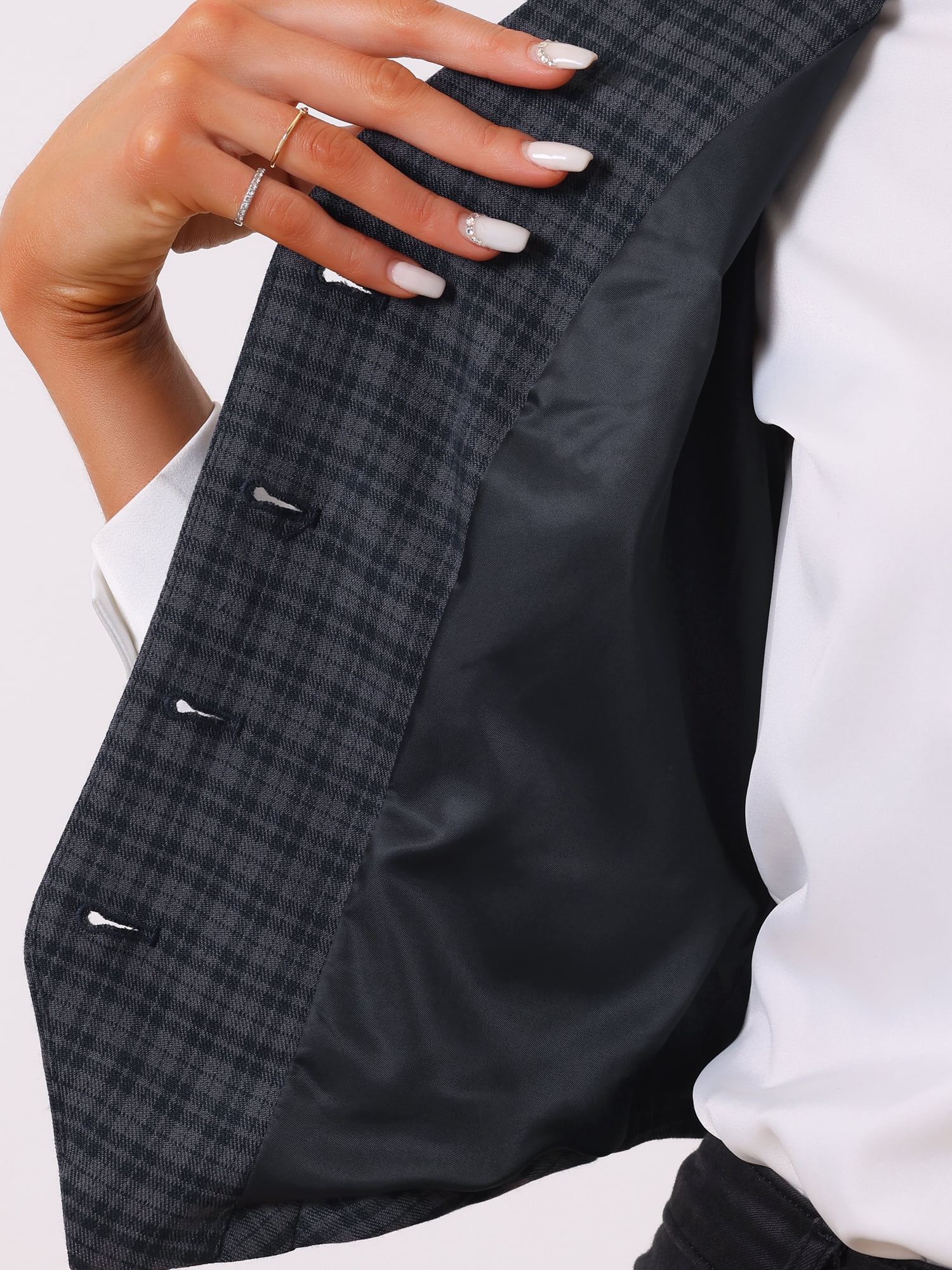 DARING DIVA Women's Plaid Waistcoat Notched Lapel Collar Vintage Vest S Grey Blue