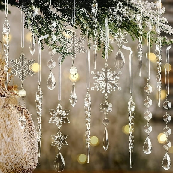 OuMuaMua 18pcs Christmas Tree Decoration Crystal Ornaments Hanging Acrylic Snowflake Drop Ornaments for Christmas Tree Winter New Year Party Supplies