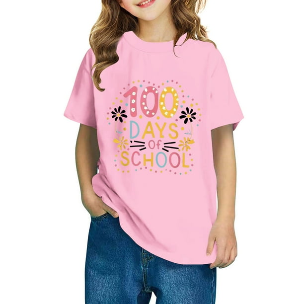Xihbxyly Camiseta para Niño, Estampado "100 Días de Colegio", Cuello Redondo y Mangas Abullonadas, Tela Suave y Cómoda, Camisa Informal de Verano, Perfecta para La Escuela, Viajes y Uso Diario.