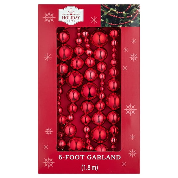 Plastic Bead Christmas Garland, Red, 6', by Holiday Time