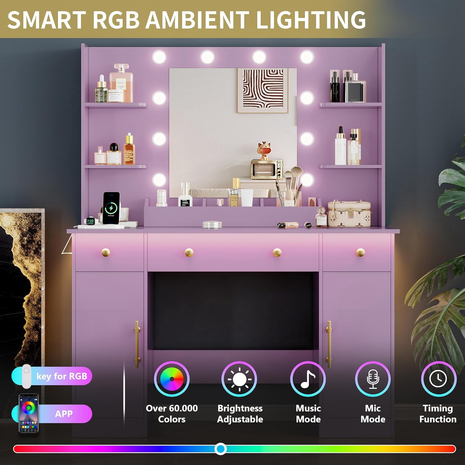 FANRAL 43'' Vanity Desk with 10 LED Lights,Under-Table RGB Strip & Built-in Power Station,Multi-Storage Makeup Table for Bedroom Bathroom Grooming,Purple Vanity