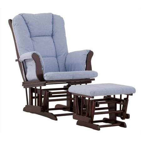 Glider and Ottoman in Cherry Finish with Blue Cushions