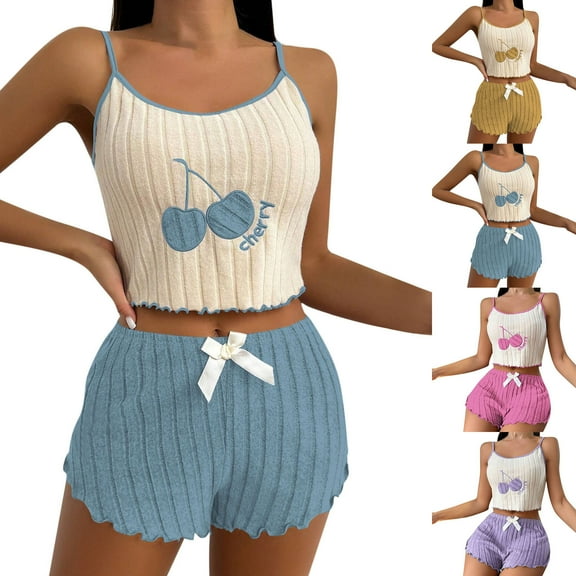 Women Pajama Set Cute Print Cami Shorts Sleepwear 2 Piece Loungewear Soft Cotton Summer Nightwear Girly Pjs