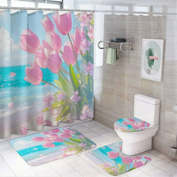 Vibe Blooming Tulips 4PCS Shower Curtain Sets with Rugs with Non-Slip Bath Mat Toilet Rug，72" X 72"