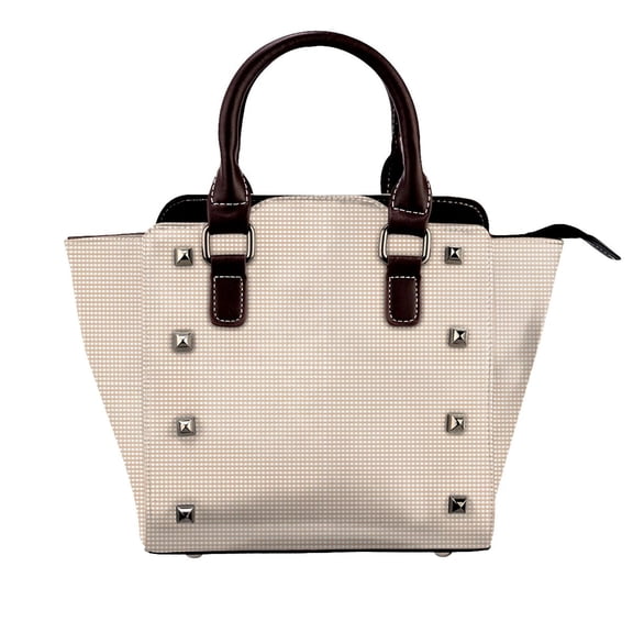 Lsque Brown Gingham Pattern Leather Rivet Shoulder Bag – Elegant Genuine Leather & Microfiber PU Crossbody with Detachable Adjustable Strap