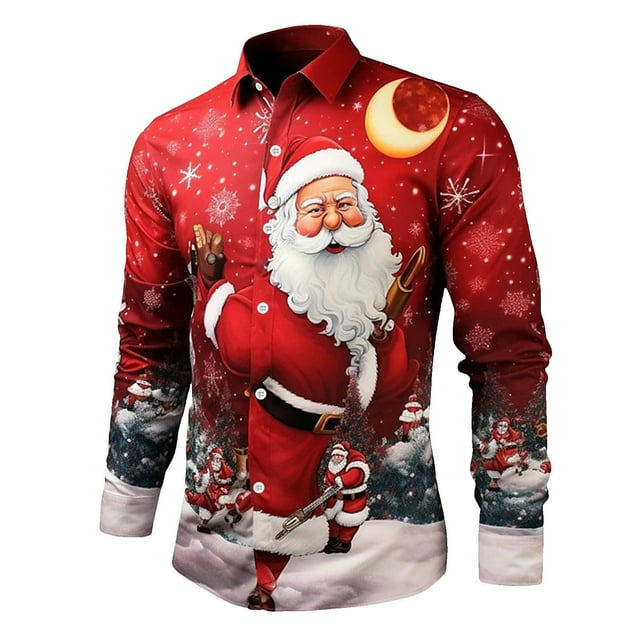 SNKSDGM New Trending My Items Mens Christmas Santa Digital 3D Printed Button Lapel Long Sleeve Shirt