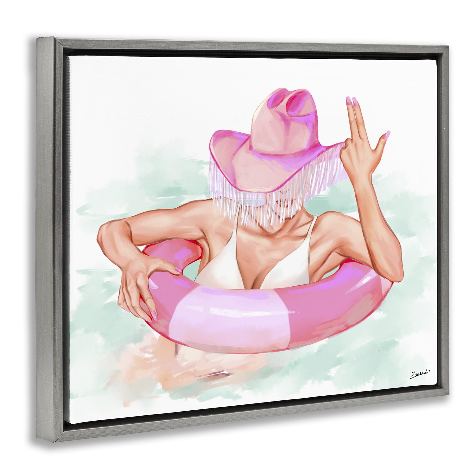 Stupell Industries Woman in Pool Float People Painting Gray Floater Framed Canvas Art Print Wall Art, 31 x 25