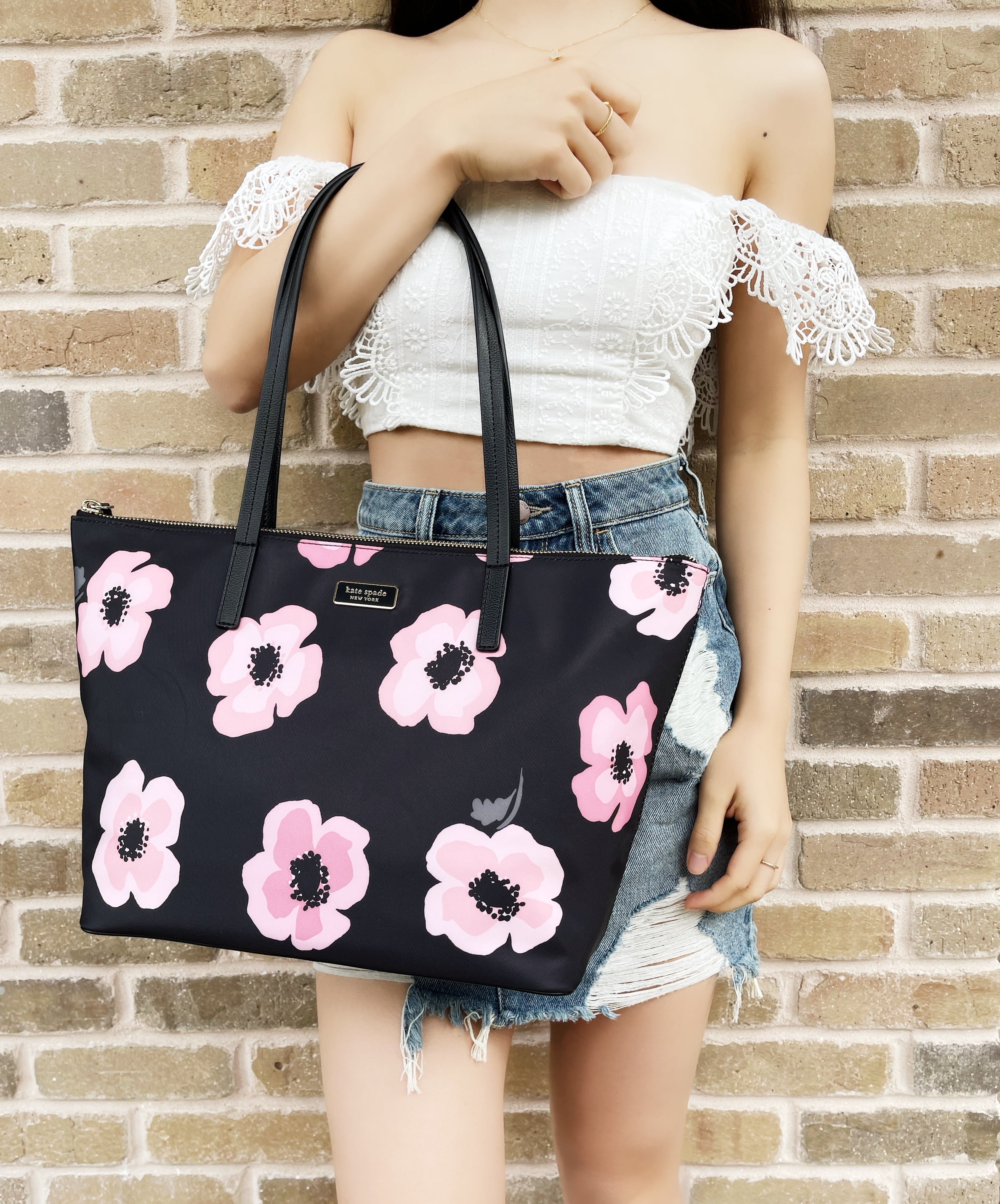 Kate Spade Hayden Floating Poppies Top Zip Nylon Tote Black Pink Floral Rose