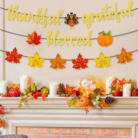 Fzsteel Thanksgiving Decoration Flag Set With 12-Piece Pumpkin Maple Leaf Turkey Ornaments & 20m Rope For Indoor Outdoor Holiday Party Decor