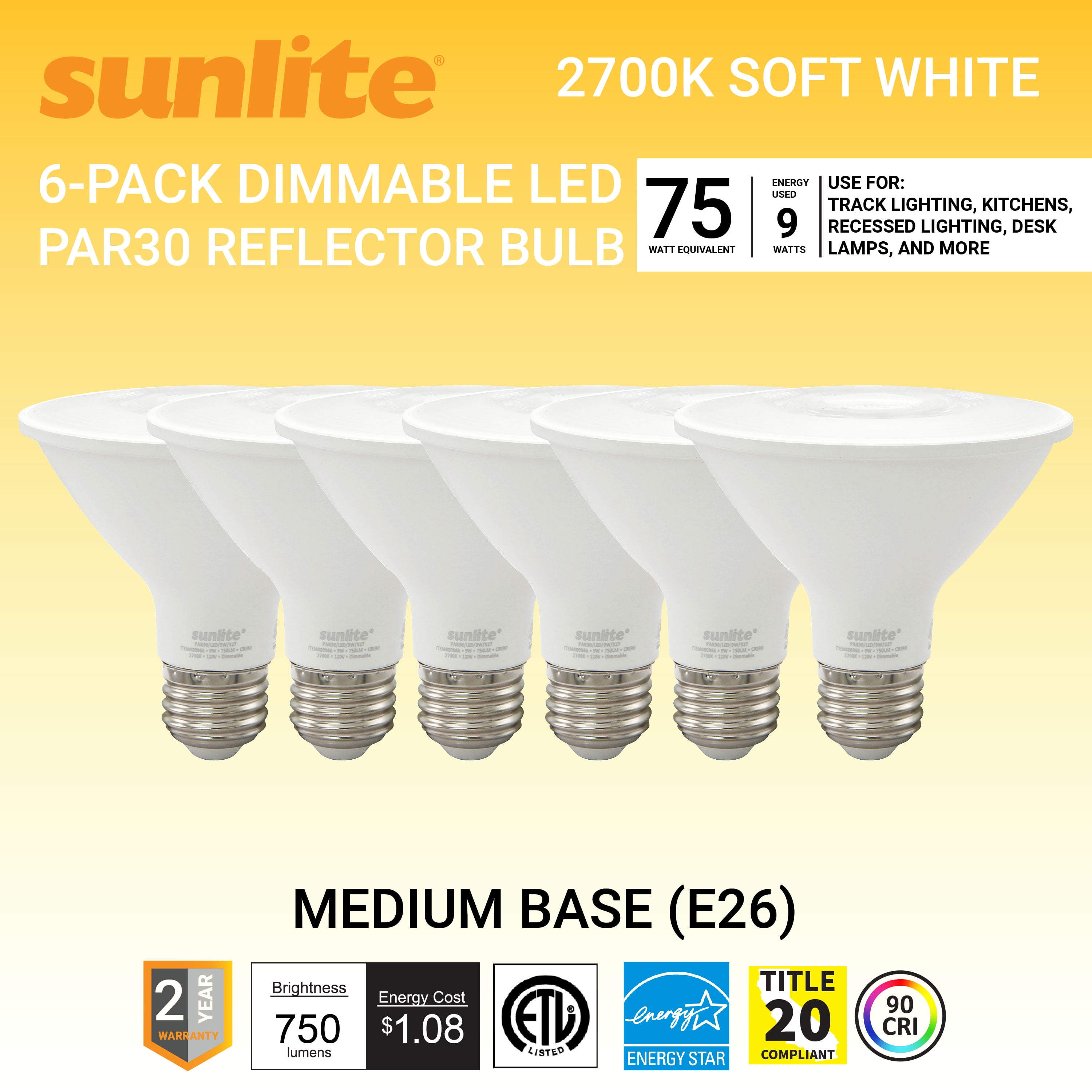 Sunlite LED PAR30 Reflector Light Bulb, 9 Watts (75W Equivalent