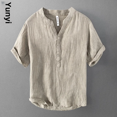thumbnail image 1 of Camiseta de lino de manga corta de estilo chino de verano para hombre, holgada, fina, con cuello en V, estilo vintage, informal, de media manga, 1 of 4