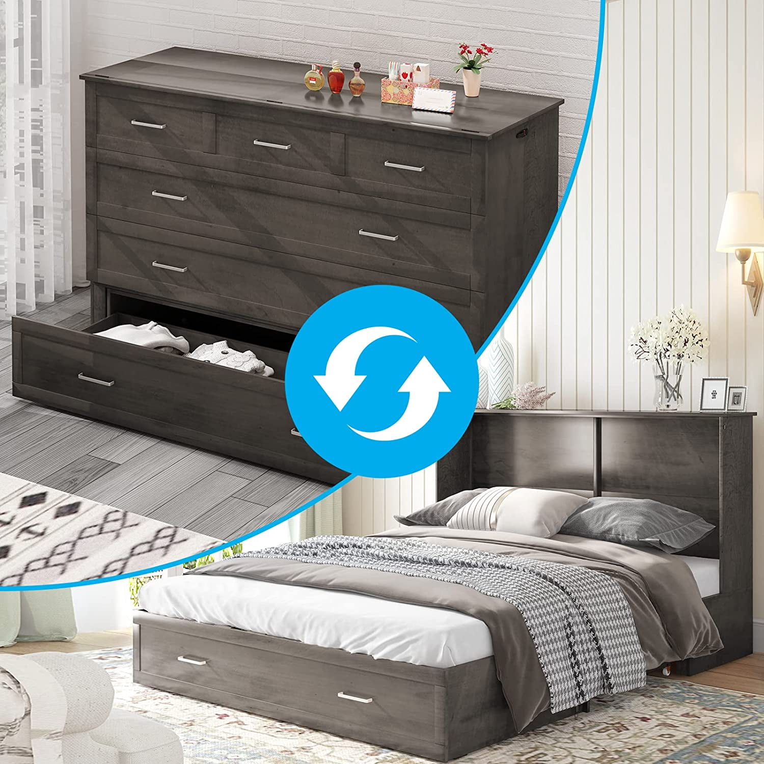 Mjkone Murphy Bed Chest with Charging Station, Queen Size Bed