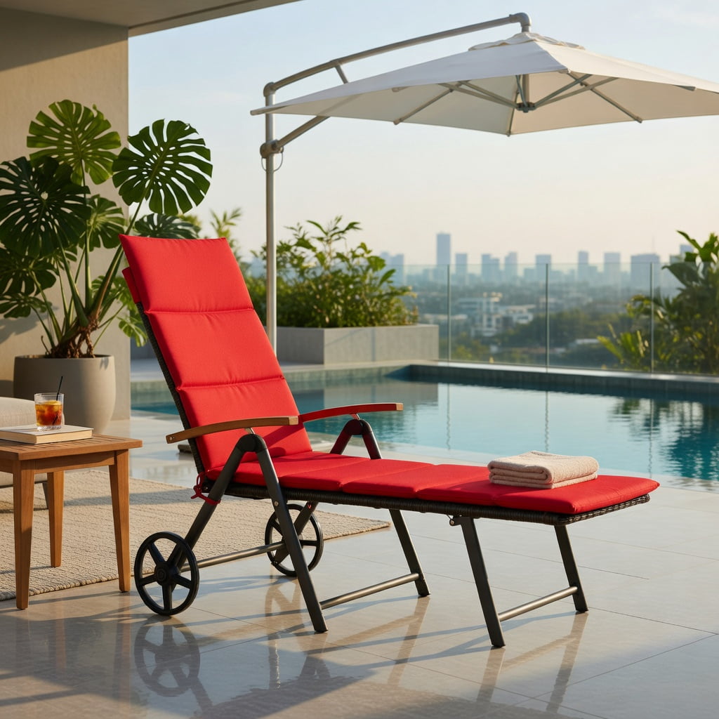 Hommoo Outdoor Rattan Chaise Lounge Chair with Adjustable Backrest & Wheels, PE Wicker Aluminum Frame, Foldable Sun Lounger for Patio, Pool, Deck, Red