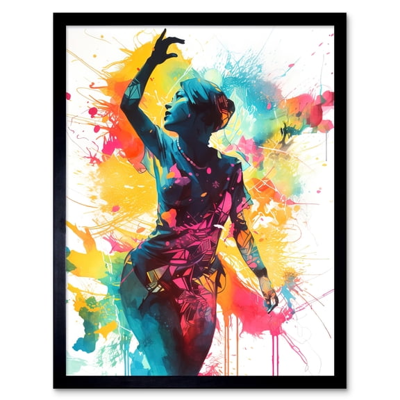 Holi Festival of Colour Woman Dancing to Music Modern Paint Splatter Artwork Art Print Framed Poster Wall Decor 12x16 inch
