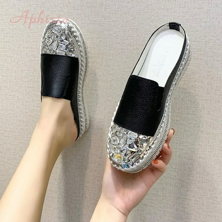 

Aphixta Crystals Round Toe Leather Flats Shoes Women Silver Bling Loafers Couple Platform Shoes Woman Flat With Students Size 43