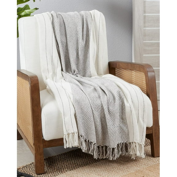 Fennco Styles Classic Kantha Stitch Cotton Throw Blanket with Tassel 50" W x 60" L – Grey Textured Blanket for Bed, Couch, Sofa, Home Décor, Ideas