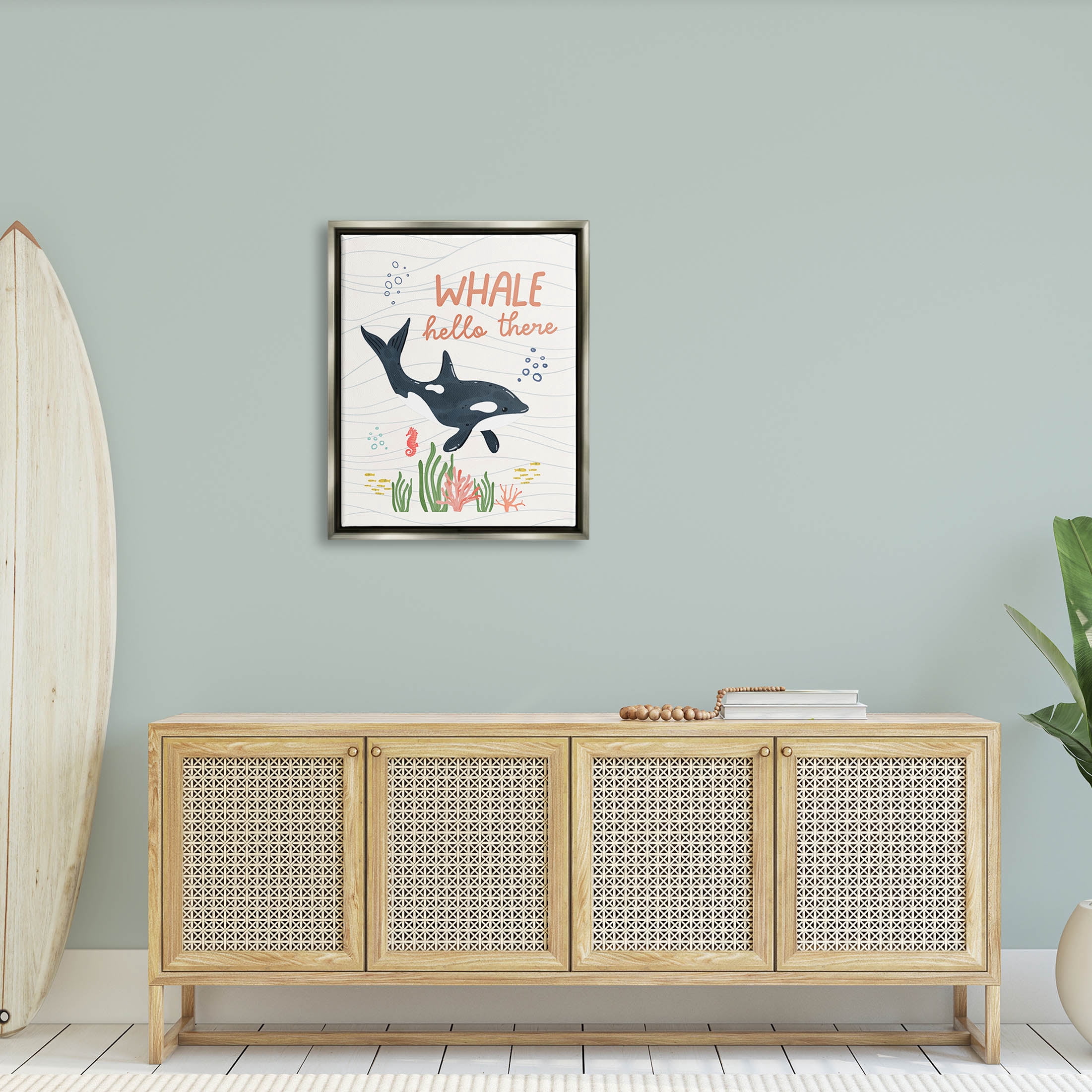 Stupell Industries Whale Hello There Orca Graphic Art Luster Gray Floating Framed Canvas Print Wall Art, Design by Nina Blue