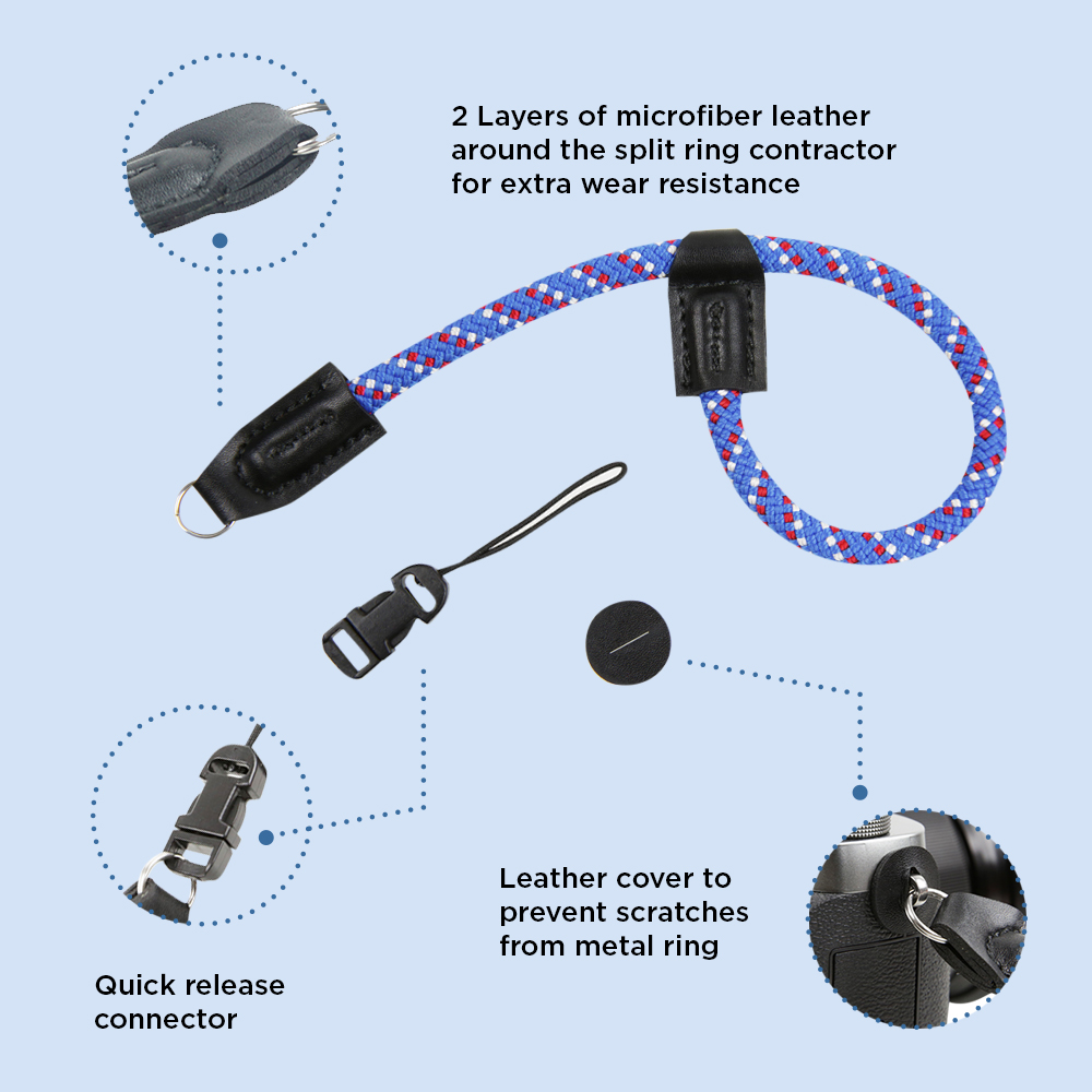 Foto&Tech Climbing Rope Camera Wrist Strap Quick Release Made in US Compatible with Sony A6600 A6500 A6400 A6000 A6300 A6100 A5100 A5000,RX1 R,RX1 R II,RX10,RX10 II,RX10 III,RX10 IV (34cm,Red/Blue/WT) - image 5 of 6