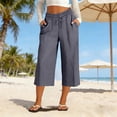 thumbnail image 6 of Linen Capris for Women Wide Leg Petite Pull On Pants with Drawstring Elastic Waist Casual Cropped Pants Dark Gray L, 6 of 6