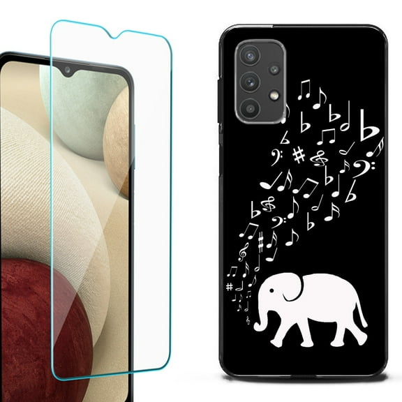 Slim-Fit Flexible TPU Gel Phone Case (black) for Samsung Galaxy A32 5G, with Tempered Glass Screen Protector, by OneToughShield ® - Elephant Music