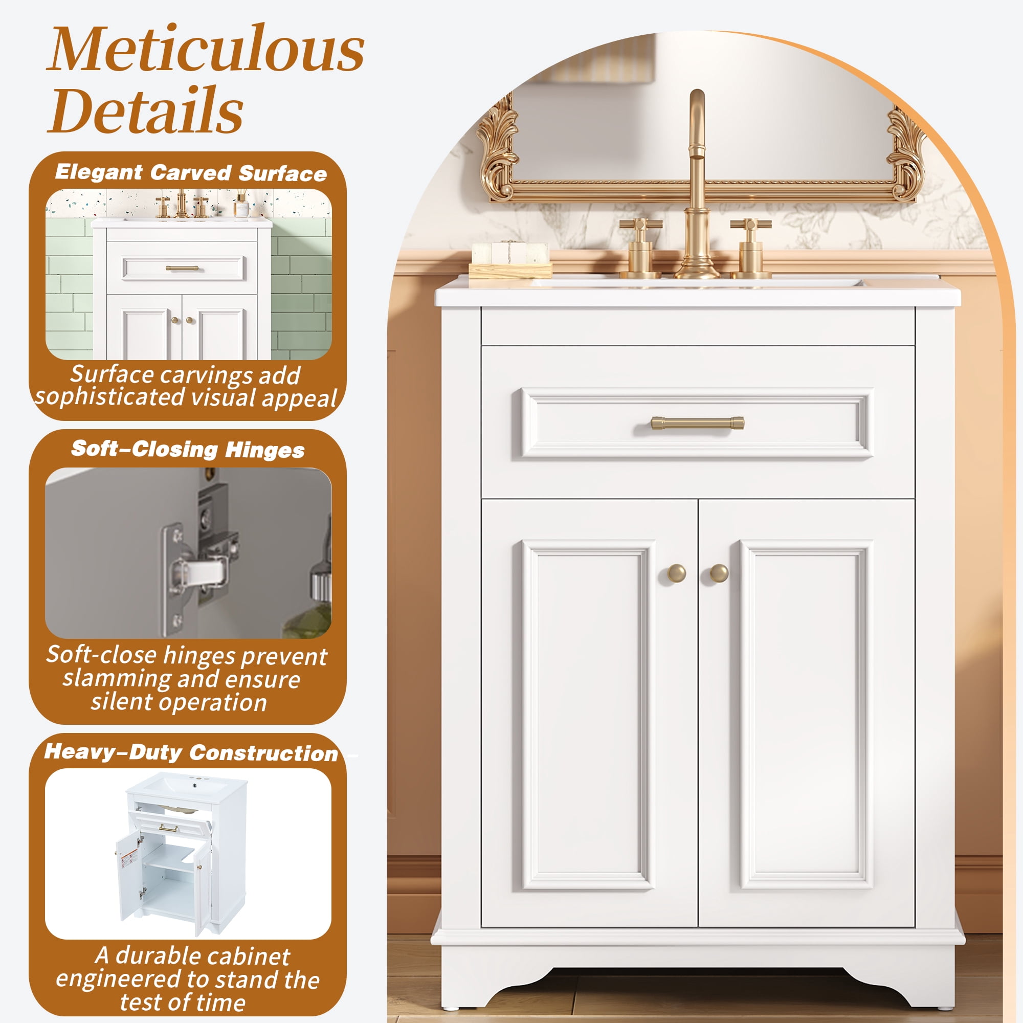 Euroco 24" Bathroom Vanity with Integrated Ceramic Sink, Bathroom Cabinet with 2 Doors, 1 Tip-Out Drawer, Single Sink Bathroom Vanity for Small and Medium Restroom, White