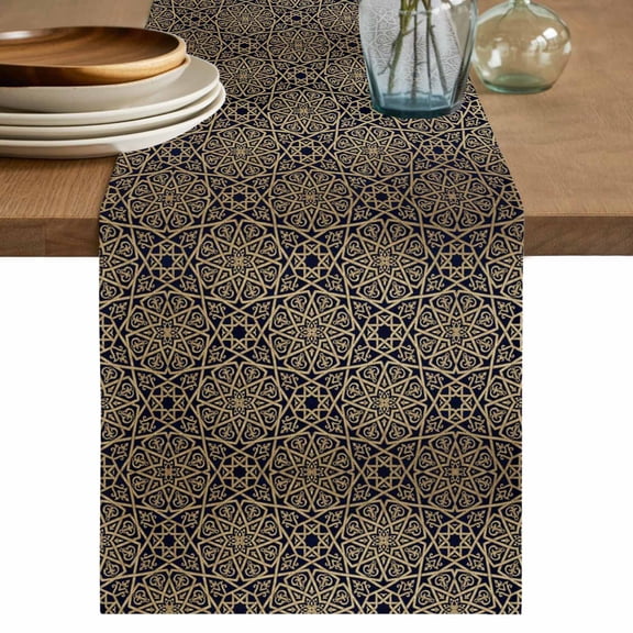 Vintage Abstract Cotton Linen Table Runner for Dining Kitchen, Traditional Geometric Pattern Dark Brown Wedding Outdoor Party Tablerunners, Dresser Scarf Coffee Tablecloth Runners 13x36 Inches