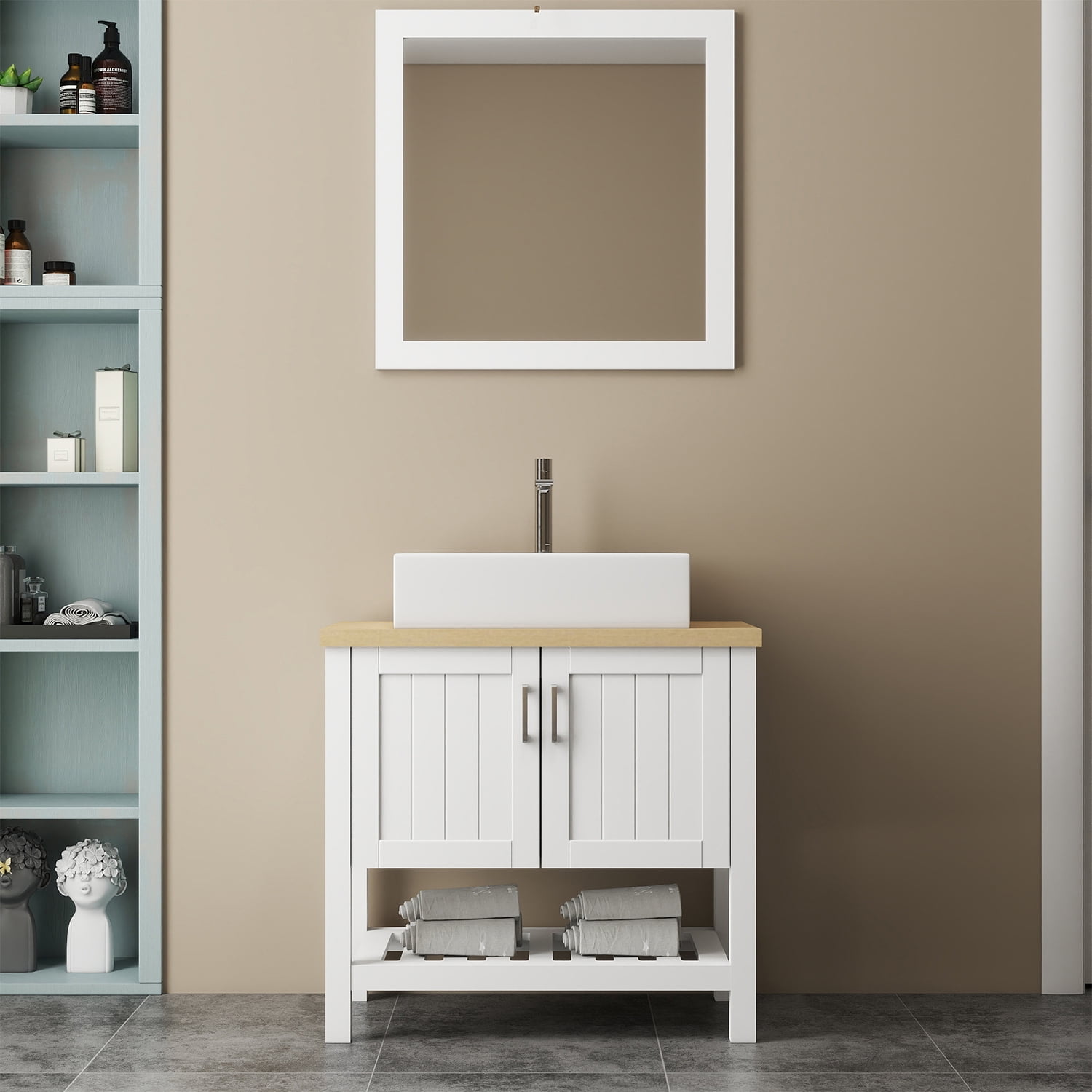 Demi Bonn 32" Bathroom Vanities Cabinet with Sink, Doors, Open Shelf and Mirror, Single Bathroom Vanity Cabinet, Faucets and Drains Not Included, White
