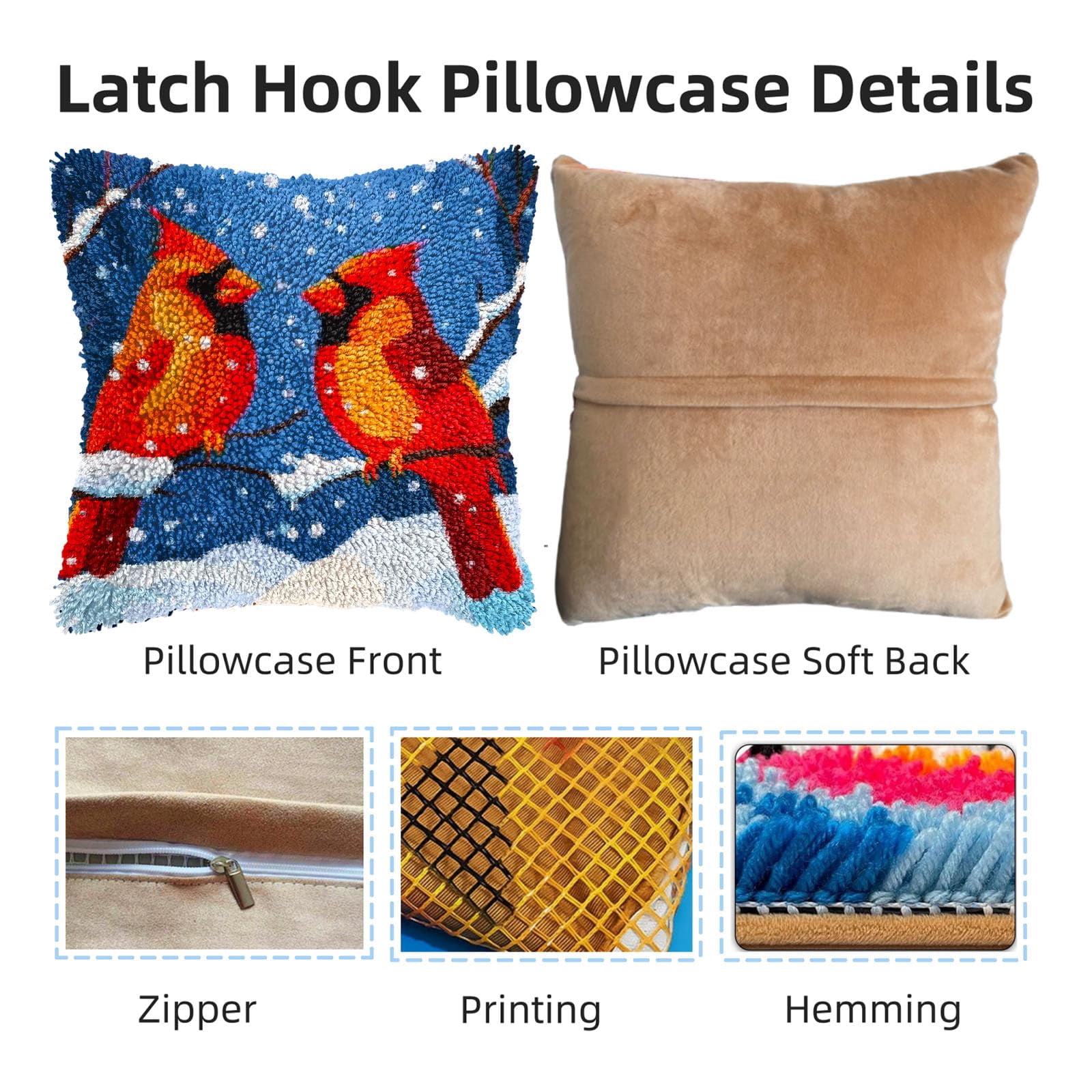 A Pair of Red Cardinal in Snow DIY Latch Hook Pillow Kits for Adults Printed Pillowcase Crochet Yarns Hooking Handmade Pillow Cover Cushion for Home Sofa Decoration 17x17inch