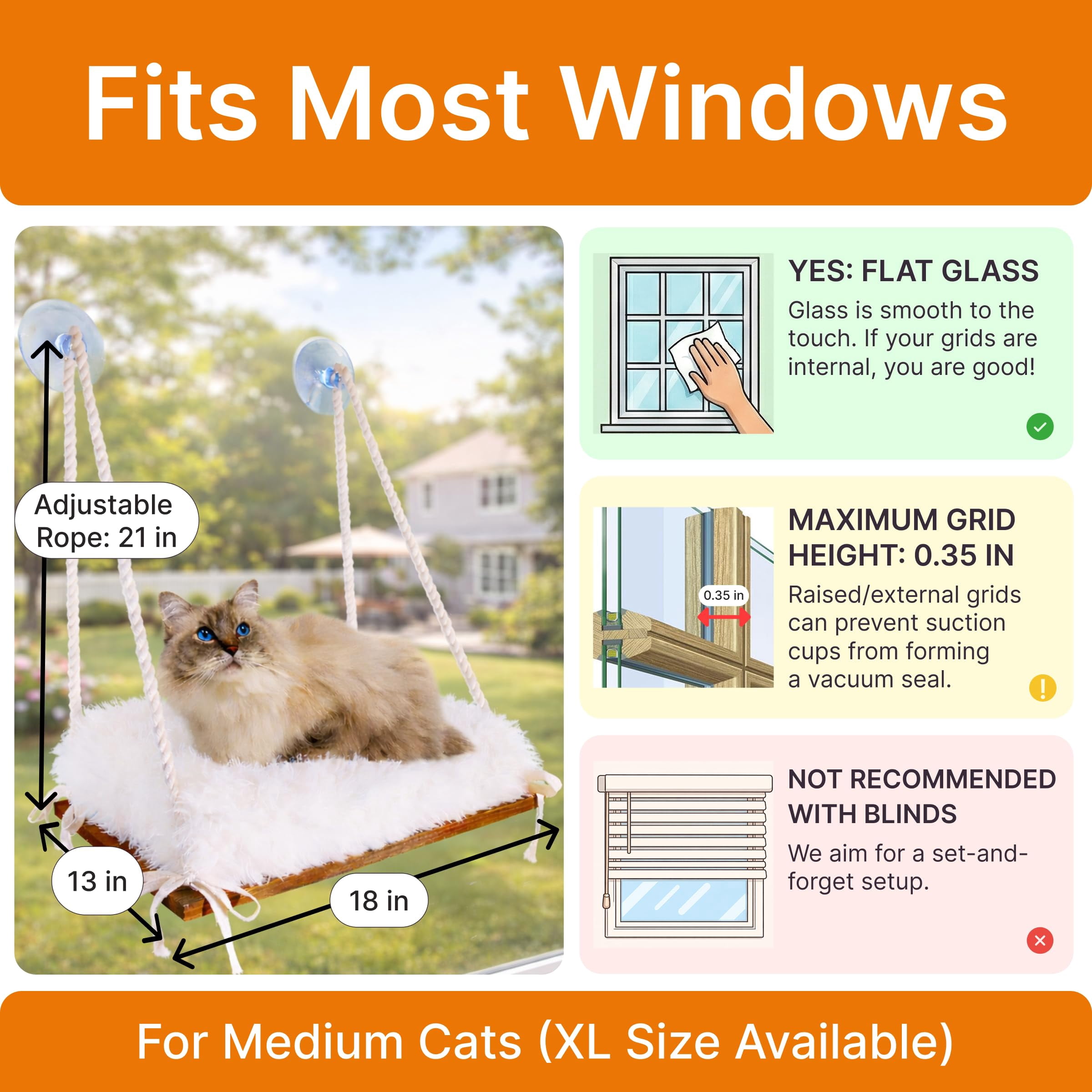 Cat Window Perch with Industrial-Grade Suction Cups - Solid Pine Wood Hammock Bed, Soft Cushion - 42 lb Capacity for Cats Inside
