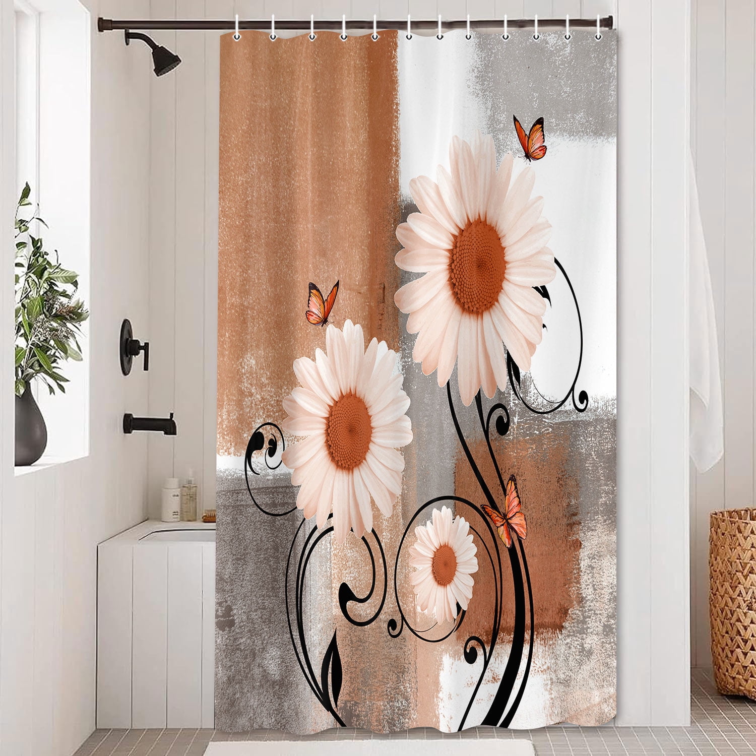 Rustic Farmhouse Shower Curtain,Farm Orange Daisy Floral Flowers and Butterfly on Country Wooden Shower Curtain for Bathroom,Orange Gray Shower Curtain with 12 Hooks,69X70in
