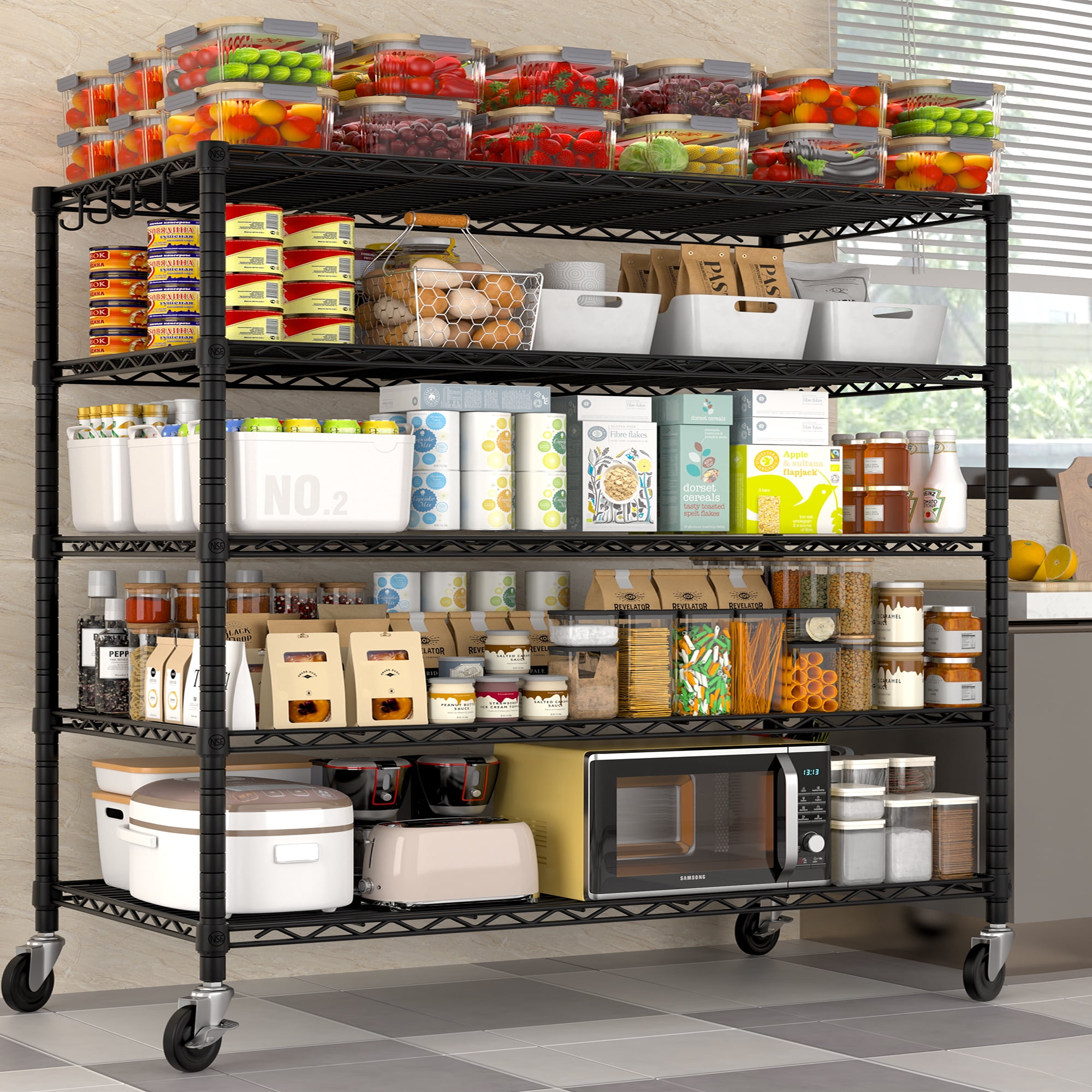 TrumanPick 5-Tier Storage Shelves, 48"W x 24"D x 76"H Metal Garage Shelving with Wheels, Heavy Duty Wire Shelving Rack for Kitchen, Black