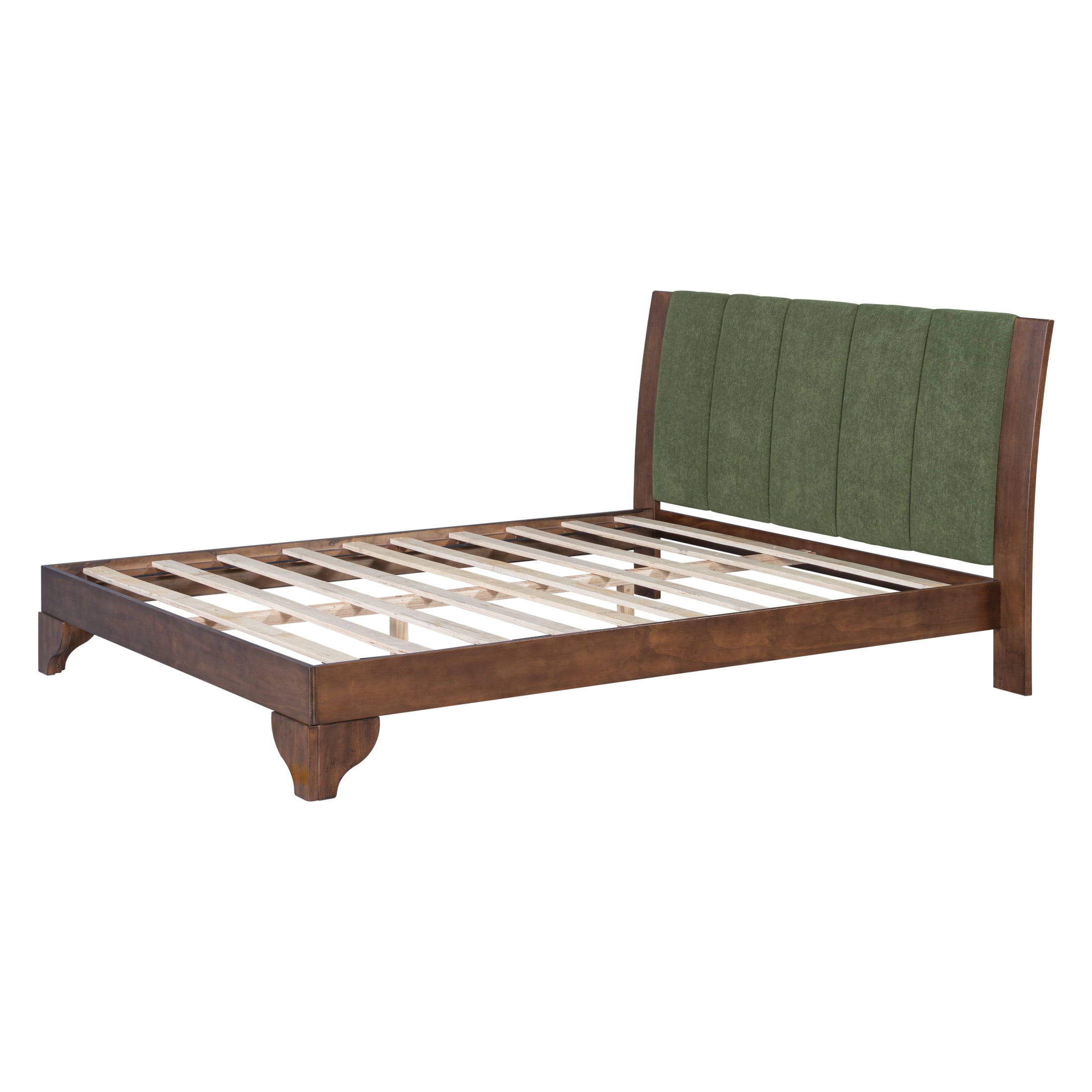Christopher Knight Home Premium Pine Wood Queen Bed Frame with Headboard, Mid-Century Modern Design, Walnut+Green